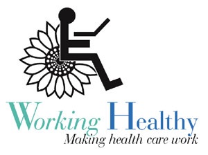 Stick figure using a wheelchair with Sunflower- WORK Logo